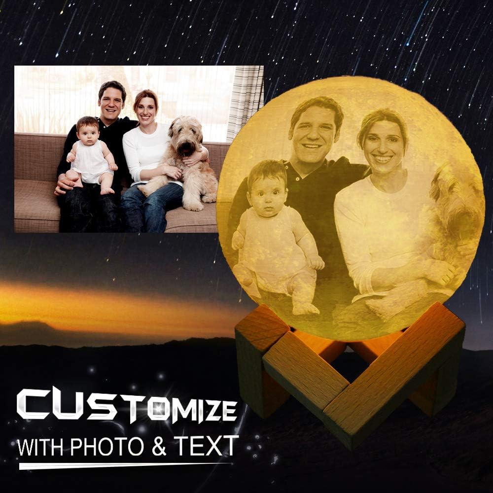 Moon Light Customizable with Picture & Words as Perfect Gift for Loved Ones, LED USB Charging Lunar Lamp with Stand and Touch Control, 2 Colors (White & Yellow) Changeable