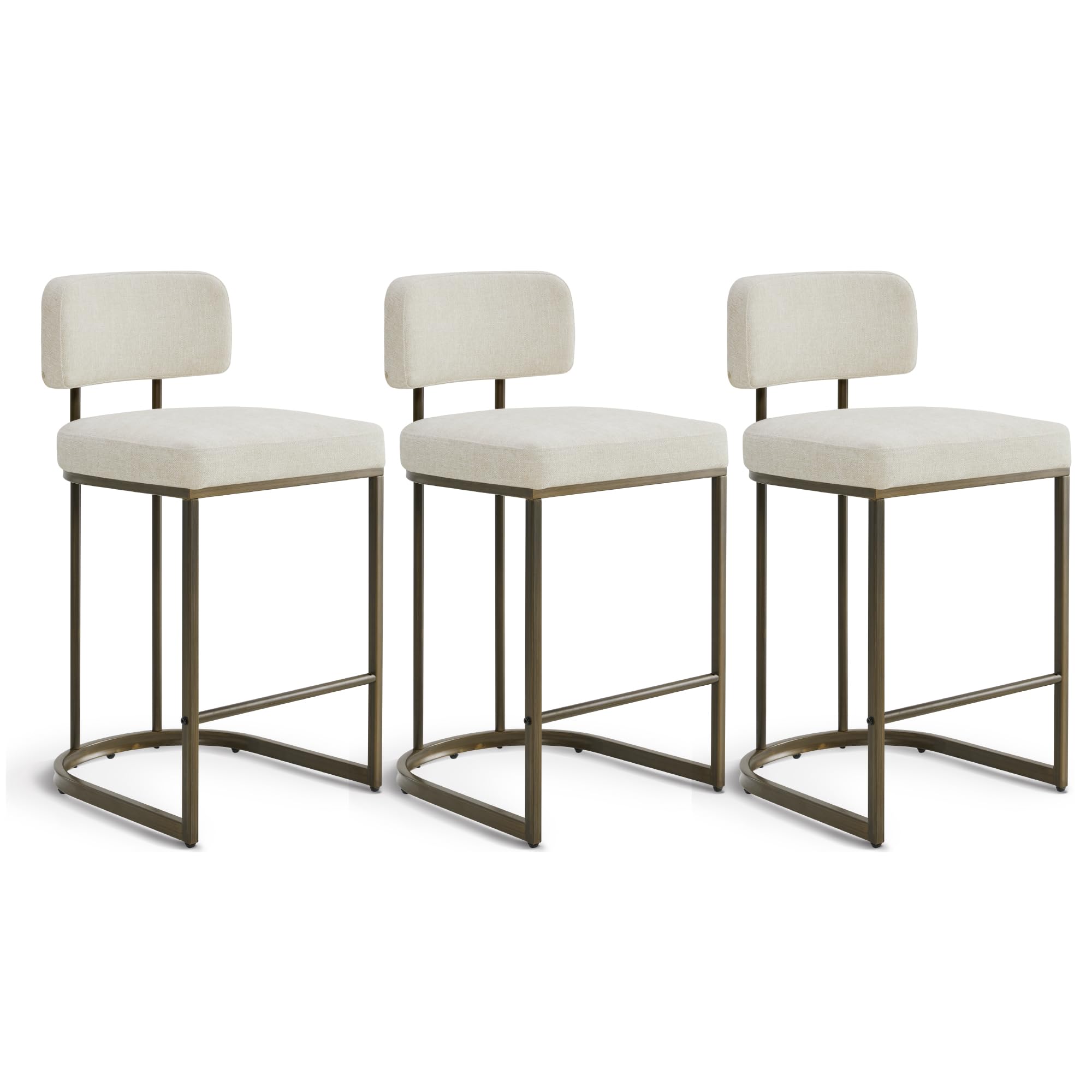 Photo 1 of 26" H Counter Height Bar Stools Set of 3, Modern Linen Fabric Upholstered Barstools with Backrest for Kitchen Island, Gold Metal Frames, Linen