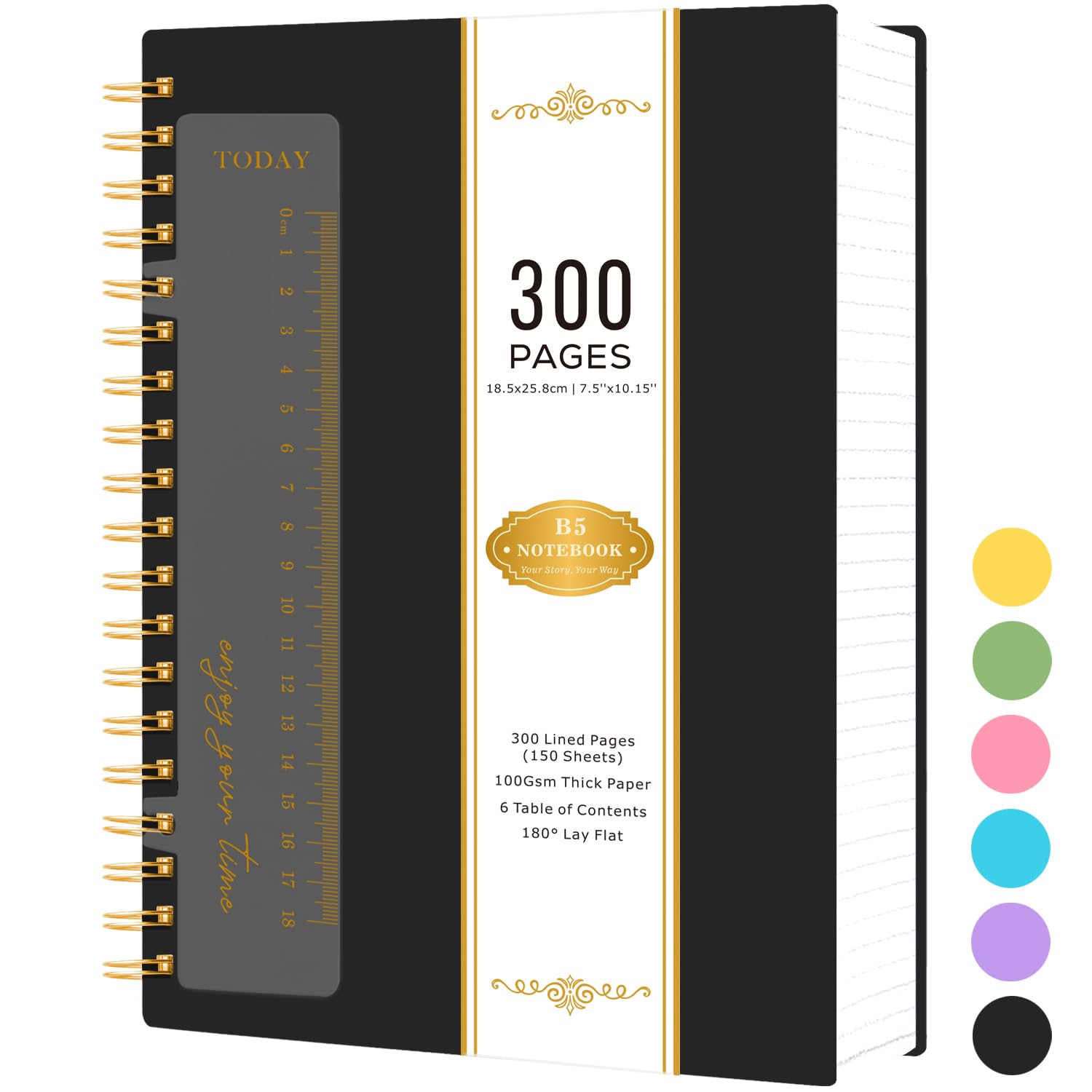 NIRMIRO Spiral Notebook B5, 300 Pages Wirebound Notepad Hardback, Black PVC Cover Note Book for Writing, 100GSM A4 Lined Paper, No Bleed, 18.5 x 25.8cm