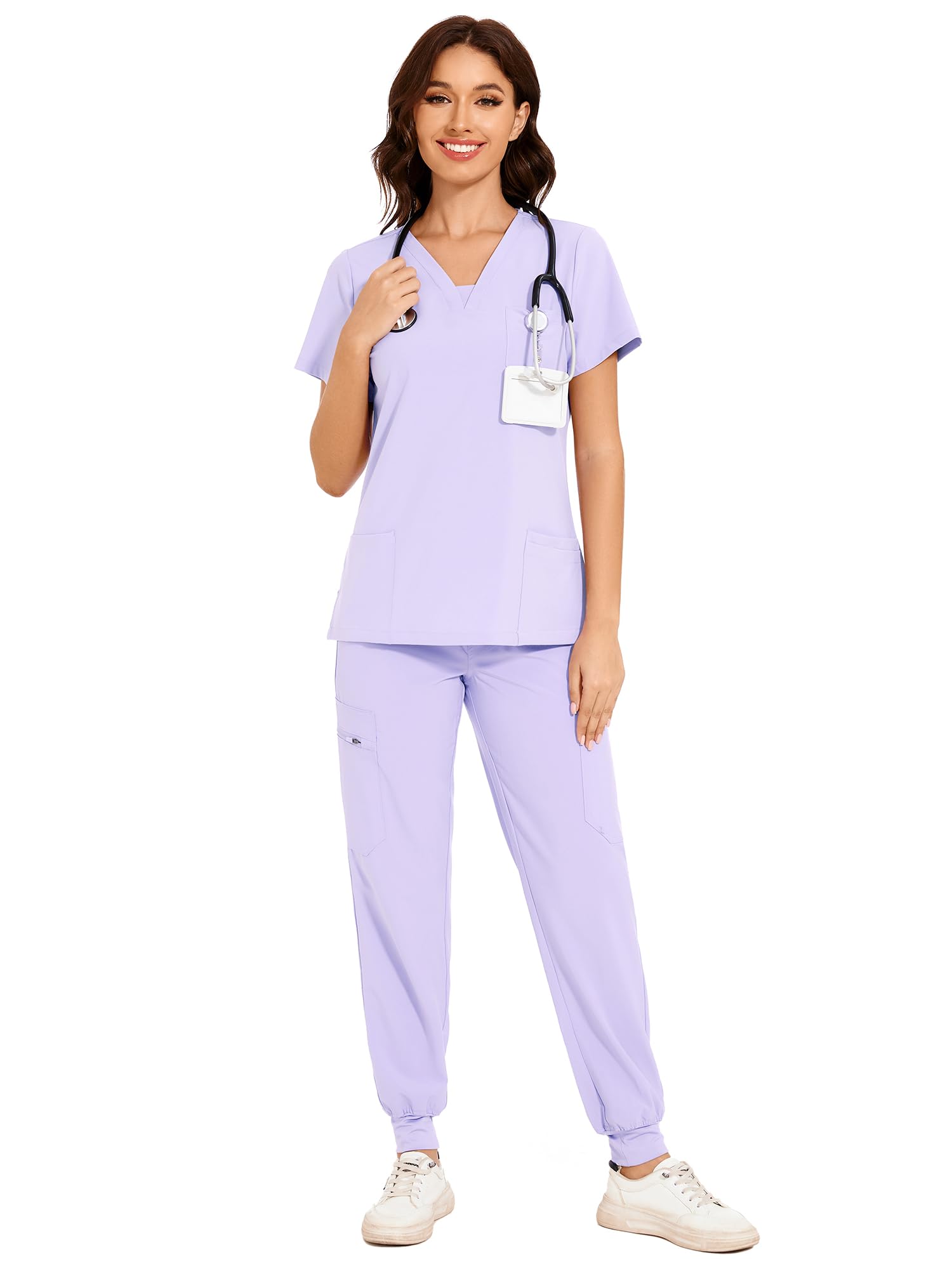 COZYFIT Scrubs for Women - V-Neck Top & Cargo Pants Scrubs Set with 10 Pockets - Light Lilac Purple, L Image