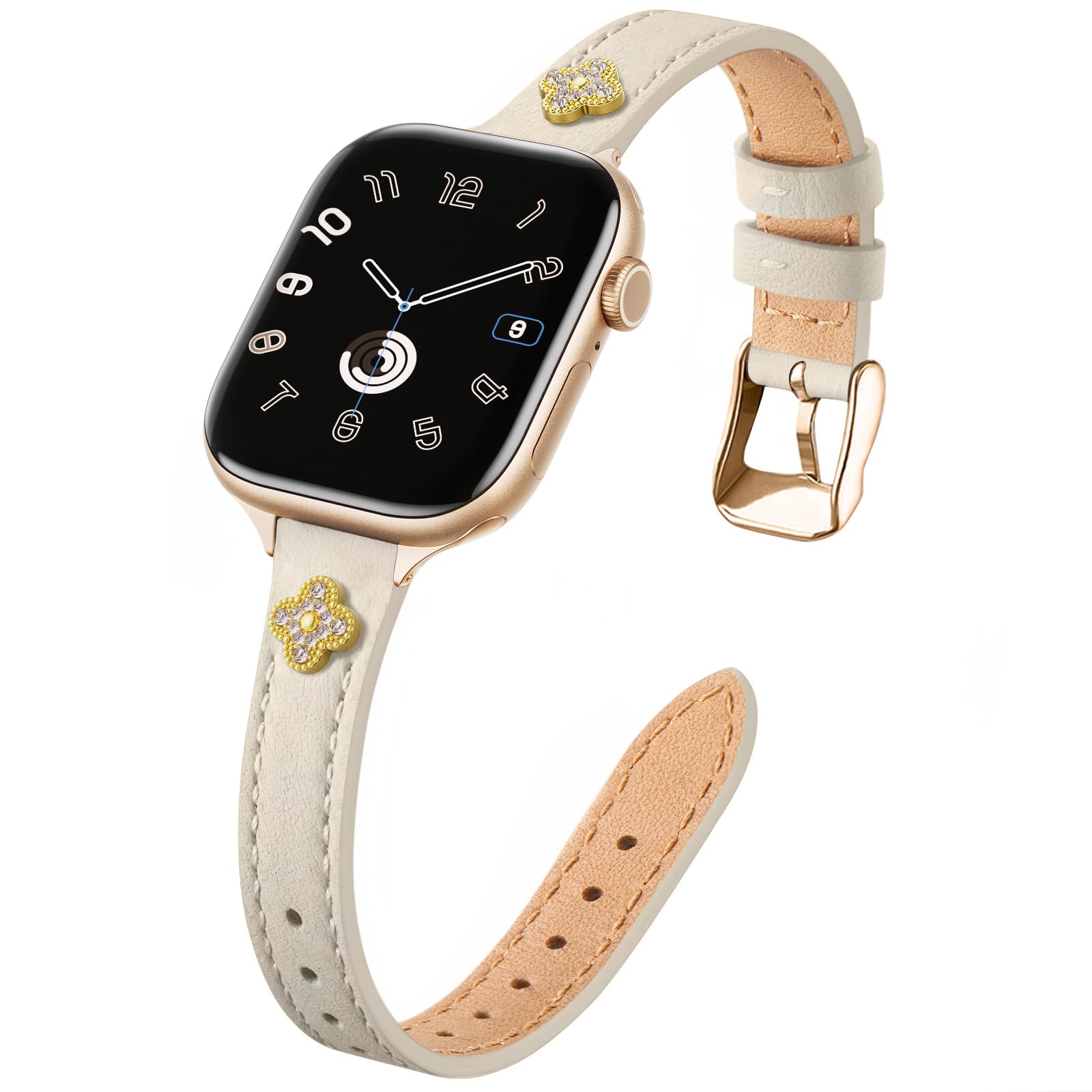 STROLL Thin Leather Band Compatible with Apple Watch Bands 42mm(Series 11 10) 41mm 40mm 38mm Women, Stylish Genuine Leather Strap with Charms, Slim Wristband Design for iWatch SE Series 9 8 7 6 5 4 3 2 1, Ivory White/RoseGold
