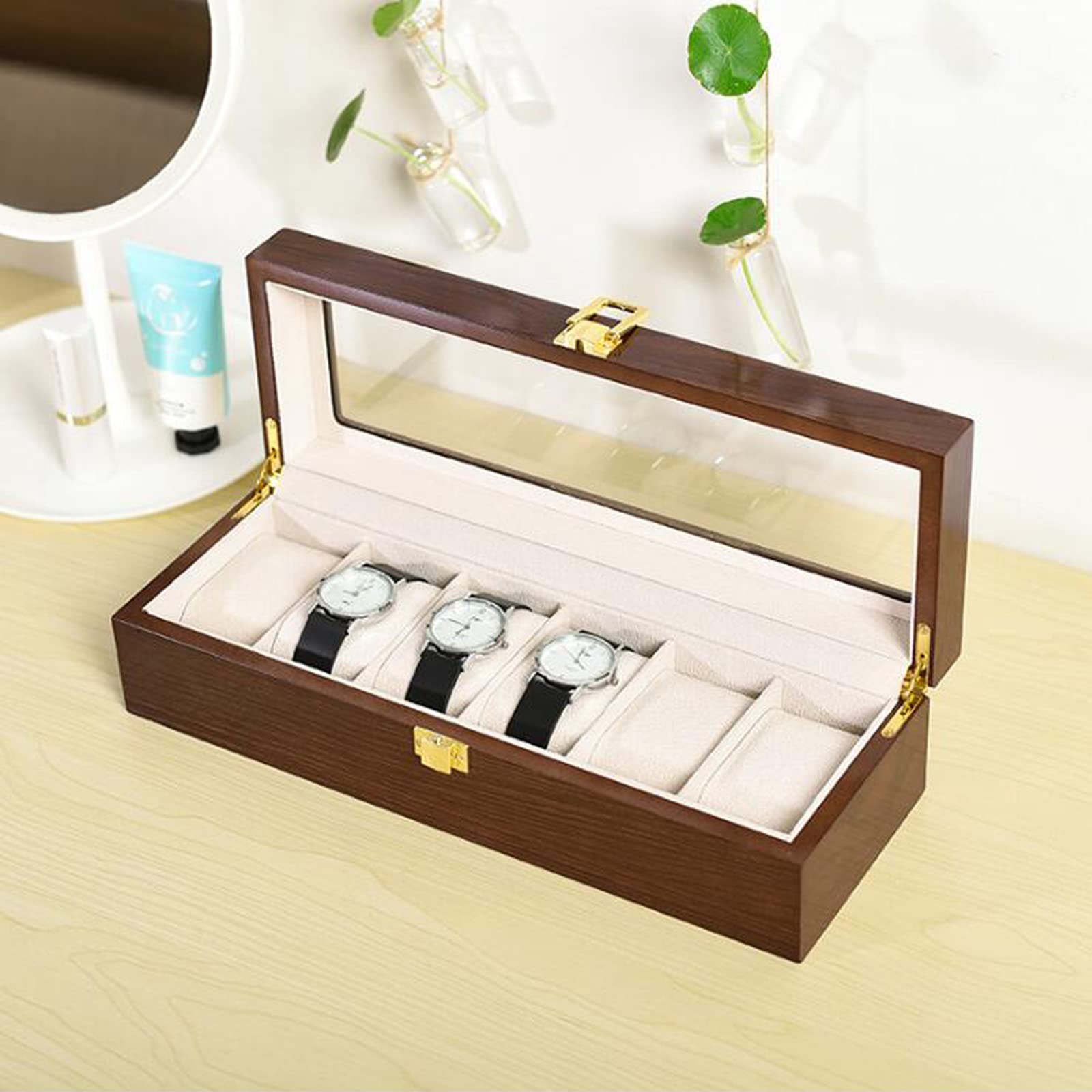 Guolich Watch Storage Box Watch Display Holder Case Brown Solid Wooden Jewelry Bracelet Collection Organiser with Glass Lid (6 Slots)