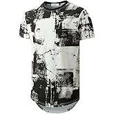 KLIEGOU Mens Hipster Hip Hop Ripped Round Hemline Pattern Print T Shirt