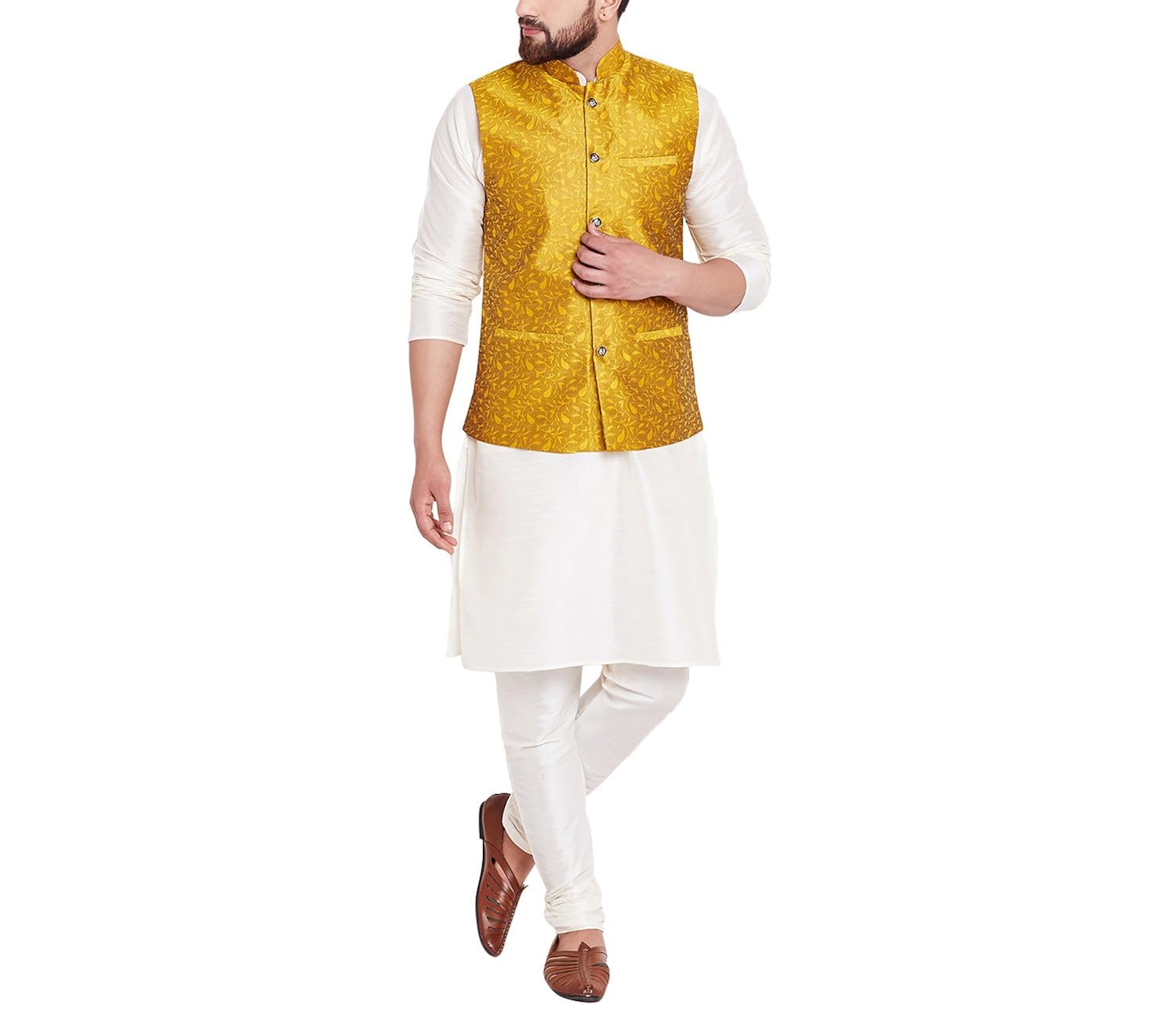 sojanya (since 1958) mens mustard jacquard silk designer only nehru jacket