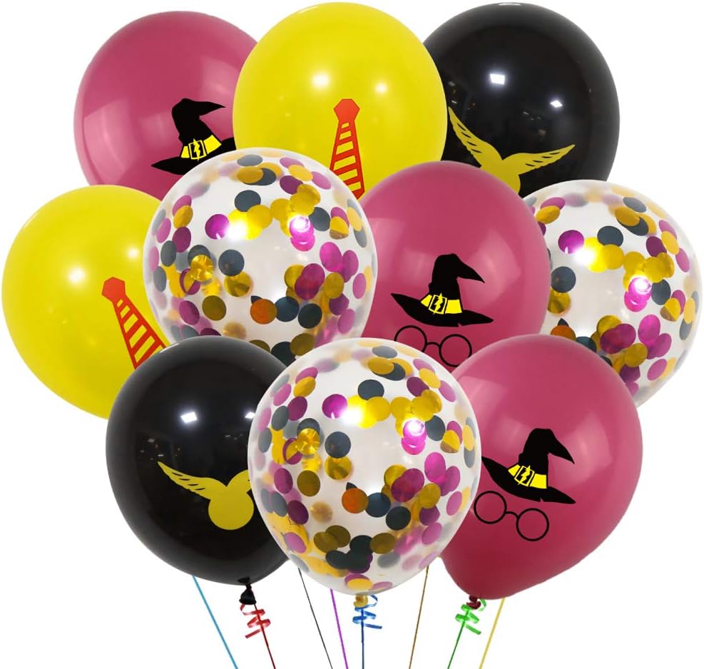 40PCS Magical Wizard School Birthday Party Balloons, 12" Latex Balloons Rose Red Yellow Black Color Confetti Balloons Decorations Kit with 2 Ribbons for Baby Shower Kids Birthday Party Supplies