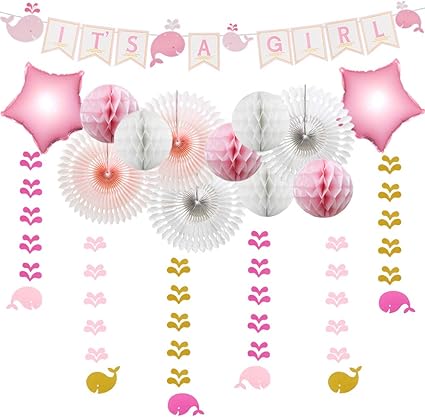 pink whale baby shower decorations