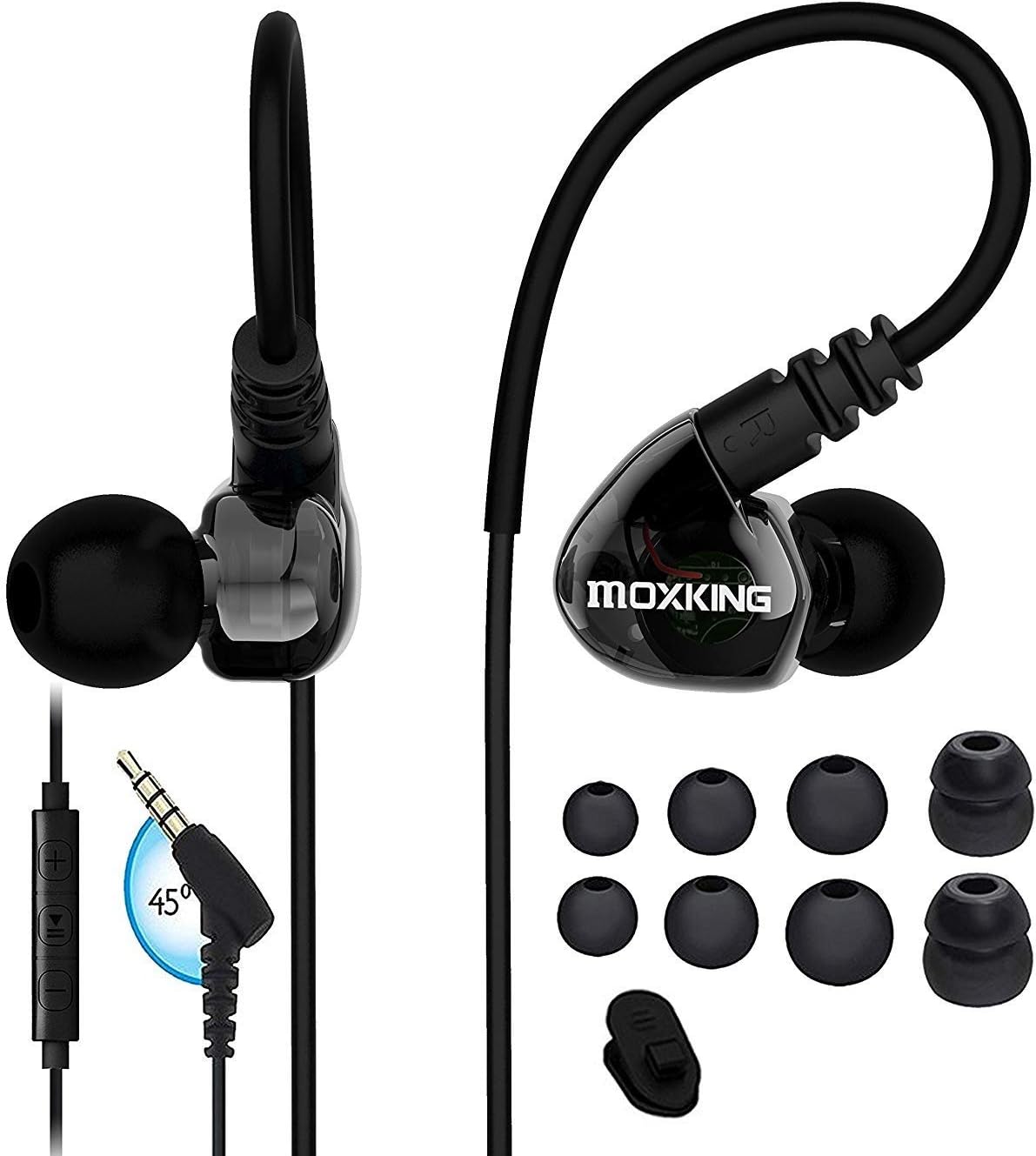 MOXKING Running Sports Earbud Headphones Wired Over Ear In Ear Headsets Noise Isolation waterproof Earbuds Enhanced Bass Stereo Earphones with Microphone and Remote for Running Jogging Gym (black)