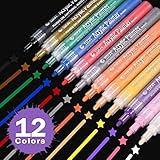 Acrylic Paint Markers - Medium Point, Fine Tip Acrylic Markers for Glass Painting, Ceramic, Rock, Wood, Fabric, Metal, Garden, Canvas, Set of 12 Colors