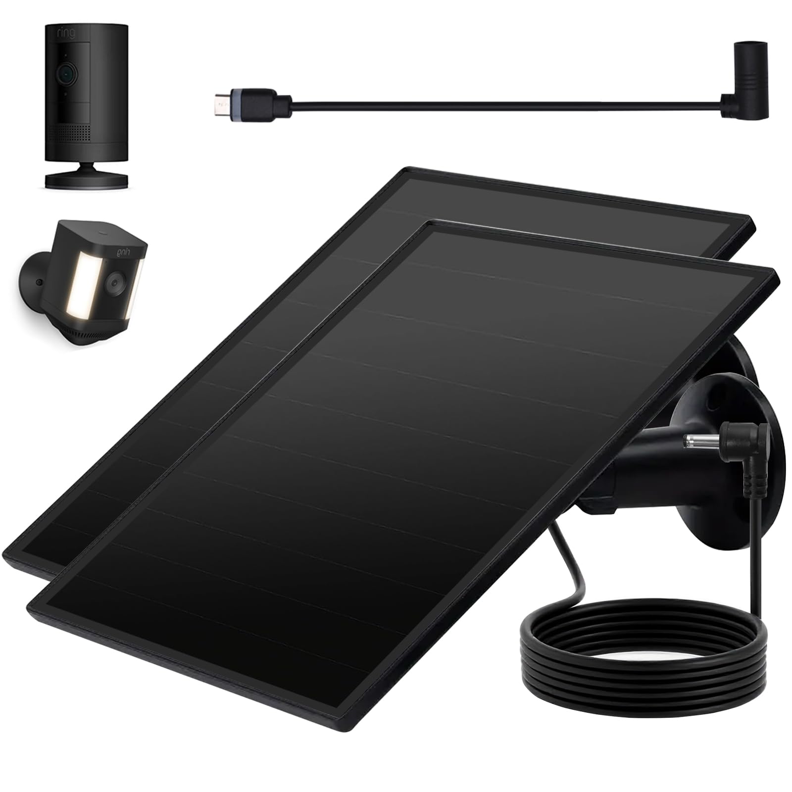 Photo 1 of Ring Camera Solar Panel, 5W Solar Charger Compatible with Rings Spotlight Plus/Pro, Stick Up Outdoor Cam Battery, 10ft Long Cable with Ring Barrel Plug to USB-C Adapter (Black-2Pack)