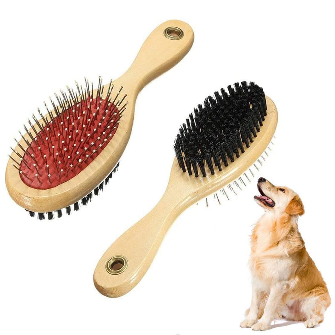 Wooden Dog Brush - Multifunctional Cat/Dog Brush, Double Sided Pet Hair Grooming Brush with Rounded Pins, Cat Brush, 2 in 1 Grooming Tools for Long and Short-haired Dogs or Cats - L