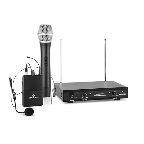 auna VHF-2-H-HS • 2-Kanal VHF-Funkmikrofon Set • Funk-Mikrofon System • 1 x kabelloses Handmikrofon • 1 x kabelloses Headset 