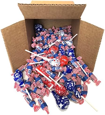 Patriotic American Flag Tootsie Roll Midgees and Red, White and Blue Tootsie Pops - Candy Lovers Shop Candy Cube Bulk Box Mix (3 Pounds)