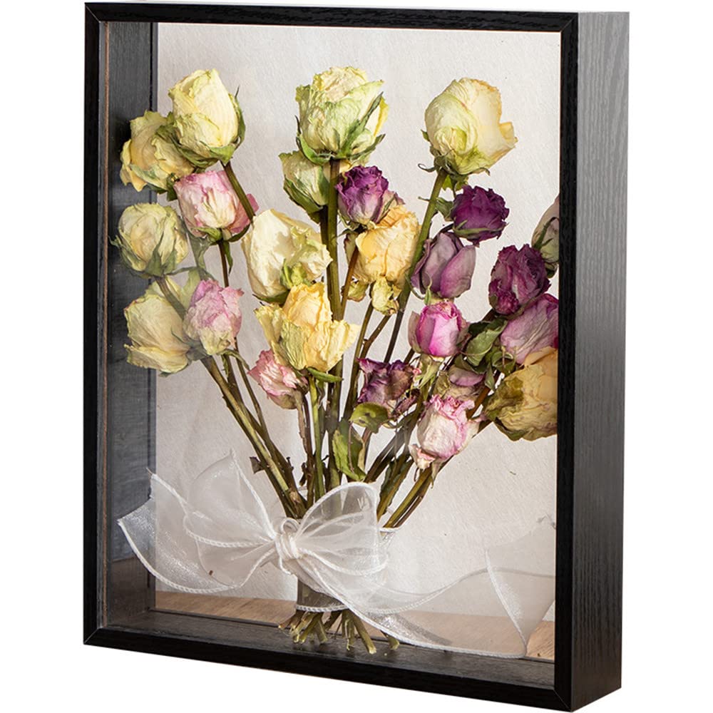 Wooden Dried Flower Photo Frame Dried Flower Display Stand Decorative Floating Photo Frame,Double Sided glass,for Display Dried Flowers,Handicrafts(black-8x12")