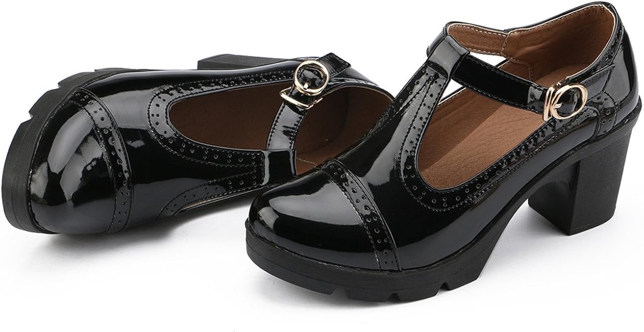  | DADAWEN Women's Classic T-Strap Platform Mid-Heel Square Toe Oxfords Dress Shoes | Pumps