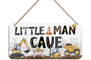 DHKG Little Man Cave Sign for Boys Construction Trucks Wooden Door Wall Hanging Nursery Decor Rustic Baby Room Toddler Boy Gamer Decor