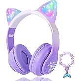 KORABA Cat Ear Kids Headphones Bluetooth, LED Light up Wireless/Wired Mode Over Ear Headphones with Build in Microphone for School/Travel (Purple)