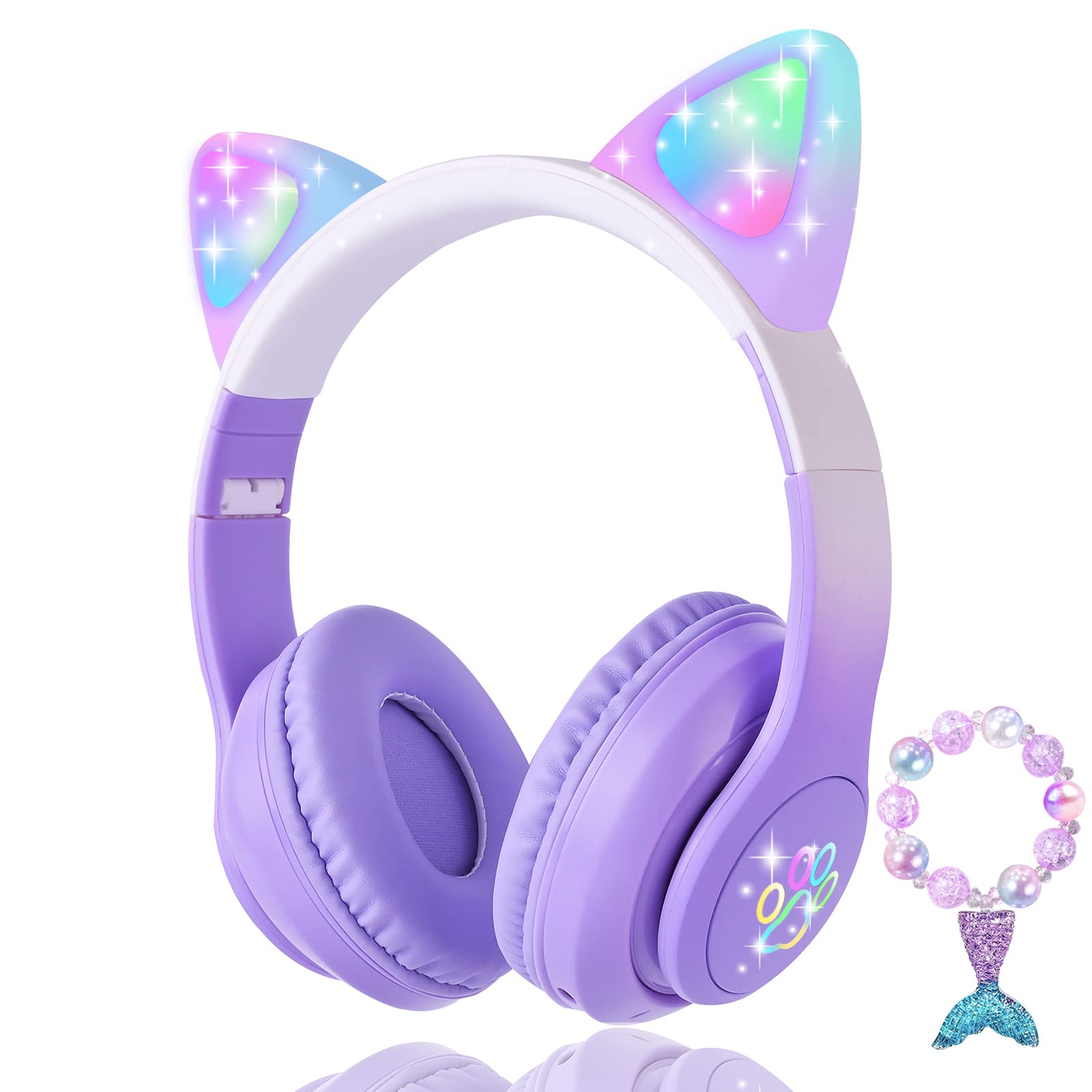 Photo 1 of KORABA Cat Ear Kids Headphones Bluetooth, LED Light up Wireless/Wired Mode Over Ear Headphones with Build in Microphone for School/Travel (Purple)
