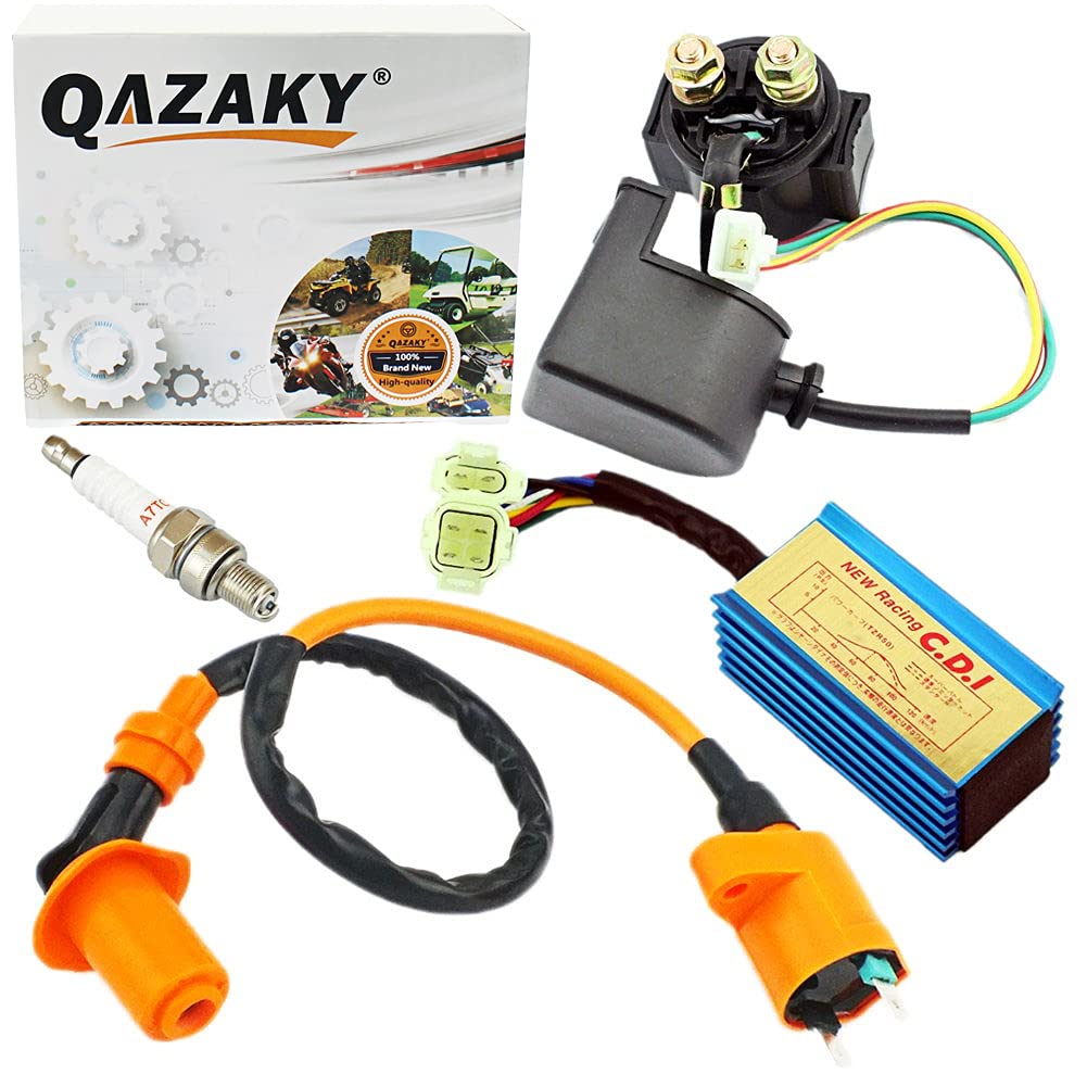 QAZAKY Performance Ignition Coil + CDI + Starter Relay Solenoid + Spark Plug for GY6 50cc 70cc 90cc 110cc 125cc 150cc 4-stroke Engine Scooter ATV Moped Quad Go Kart Pit Dirt Racing Bike 139QMB