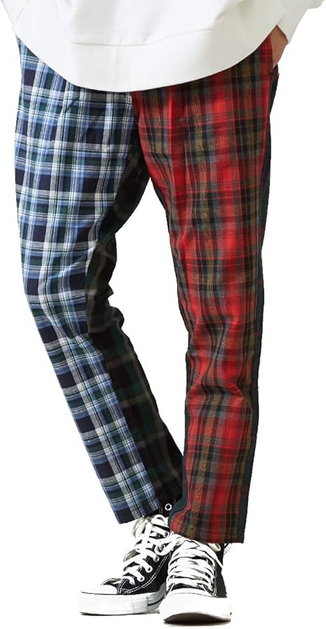Amazon チェックパンツ メンズ チェック パンツ ダンス 赤 グリーン チェック柄パンツ テーパードパンツ スラックス スリム タック タータンチェック レッド クレイジーパターン 韓国 ファッション Gracias ロングパンツ 通販