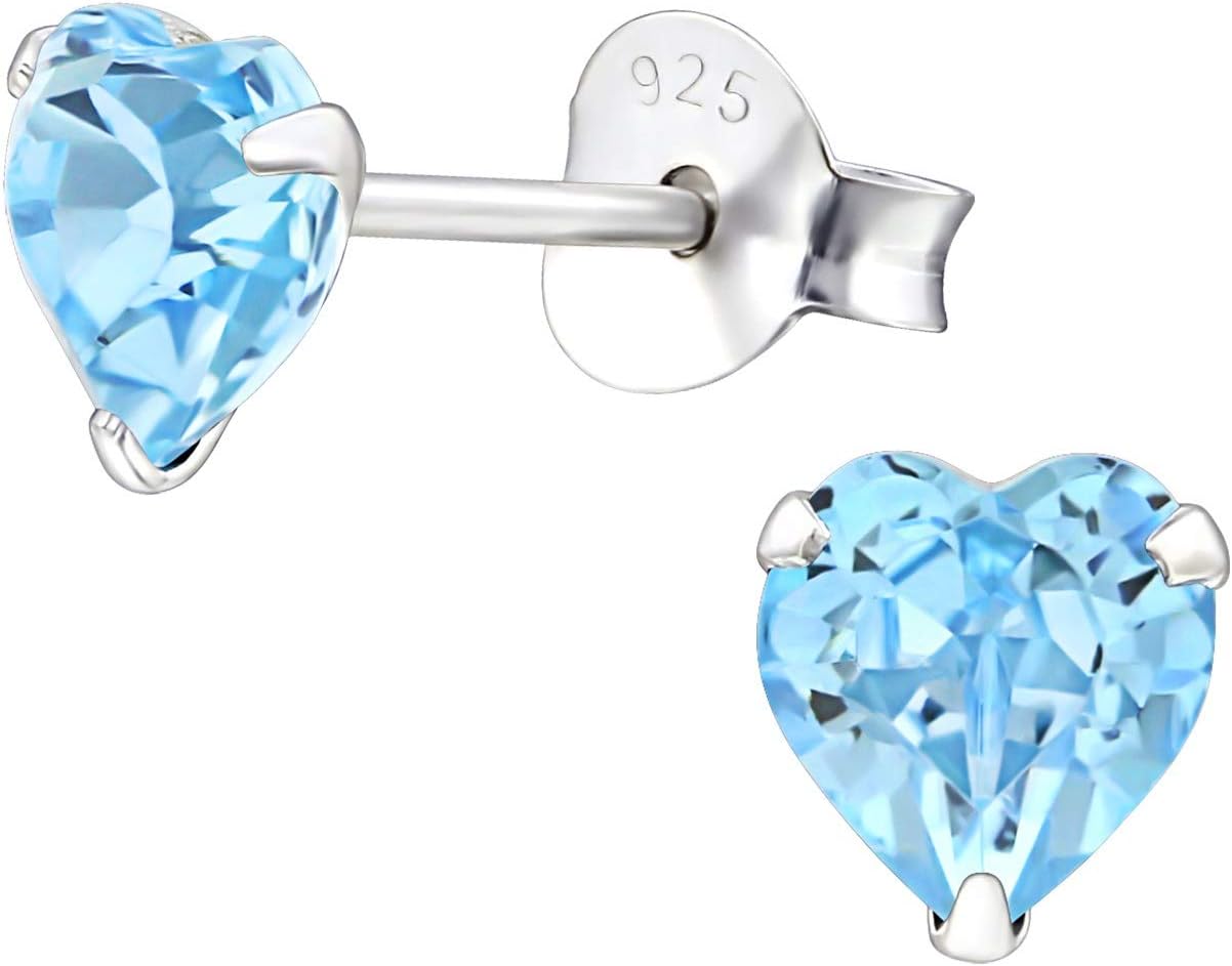 925 Sterling Silver with sparkling crystals love heart earrings women 5mm in various sparkly colours anti allergy hypoallergenic nickel free jewellery ladies sensitive ears gift box