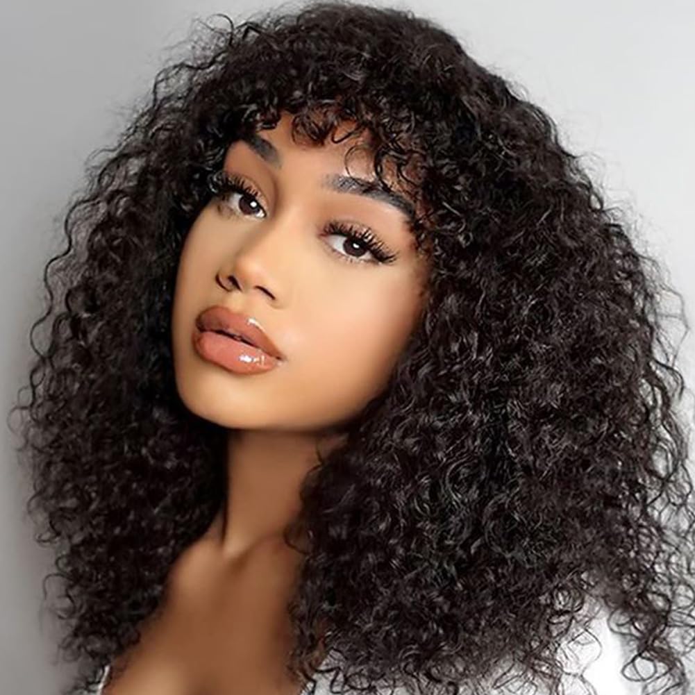 DÉBUT Human Hair Bob Wig With Bangs & Curly Style - Short Jerry Curl Wig for Black Women, 150% Density, Non Lace Front, Glueless (14 Inches, 1B)