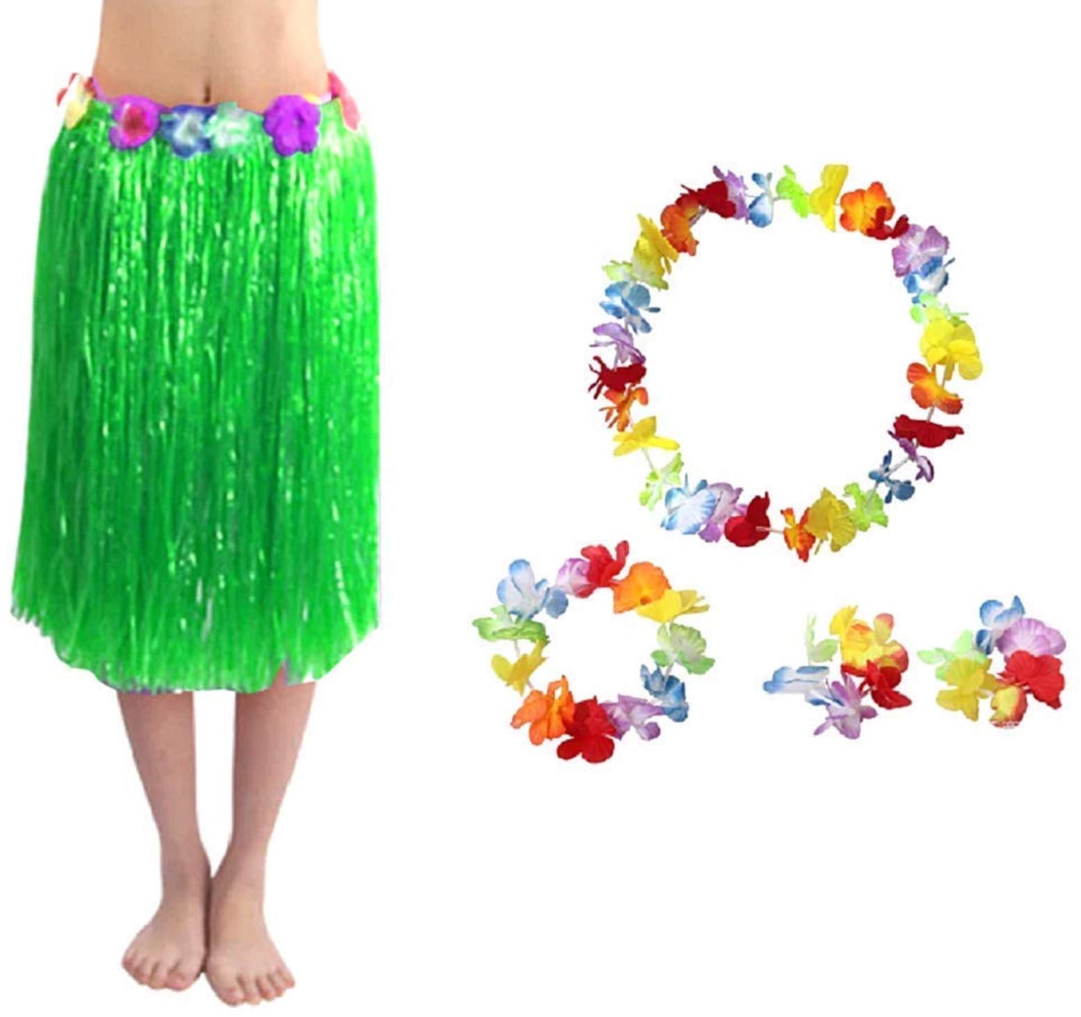KIRALOVE Hawaiian skirt kit - hawaii skirt - necklace - crown - bracelets - moana - vaiana - oceania - accessories - disguise - carnival - halloween - cosplay - woman - 60 cm - green color cosplay
