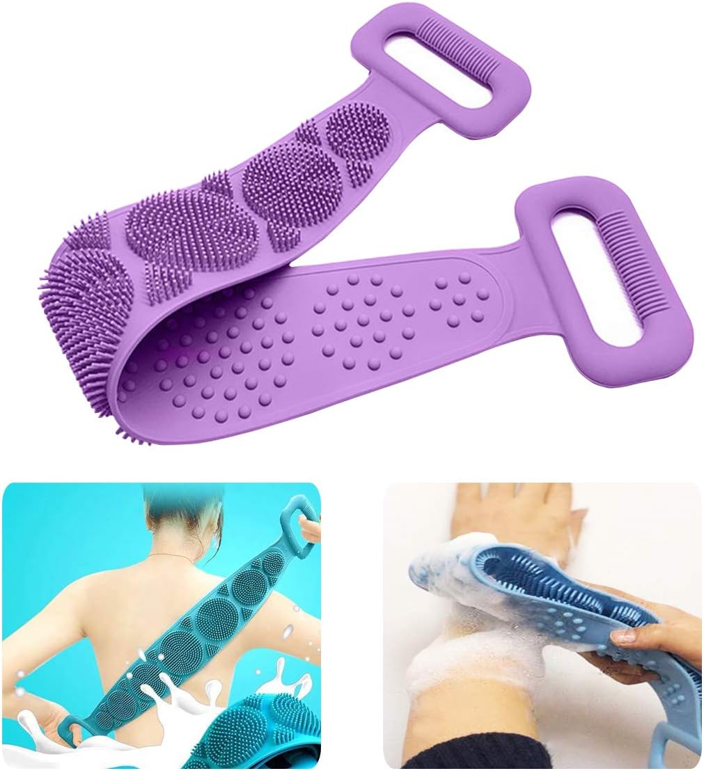 Lukciplus Silicone Back Scrub, Exfoliating Silicone Bath Shower Body Brush, Exfoliating Body Wash Silicone Scrubber Belt for Women Men, Eco Friendly, Easy to Clean (Purple)