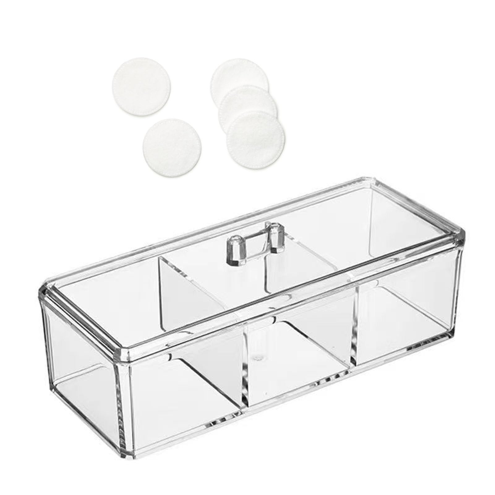 NOENNULL Acrylic Makeup Storage with Lid, 3 Compartment Makeup Organizer, Cotton Pads Divided Storage Box Cosmetic Organiser Drawers Case Acrylic Clear Makeup Box for Bedroom Vanity, Transparent