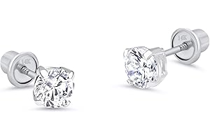 LOVEARING 14k White Gold 2-6mm Basket Round Solitaire Cubic Zirconia Children Screw Back Baby Girls Earrings