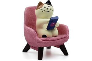 Refintural Cute Cat Playing Phone on Sofa Resin Figurine Desk Decor & Cat Lover Gift (Pink Sofa)
