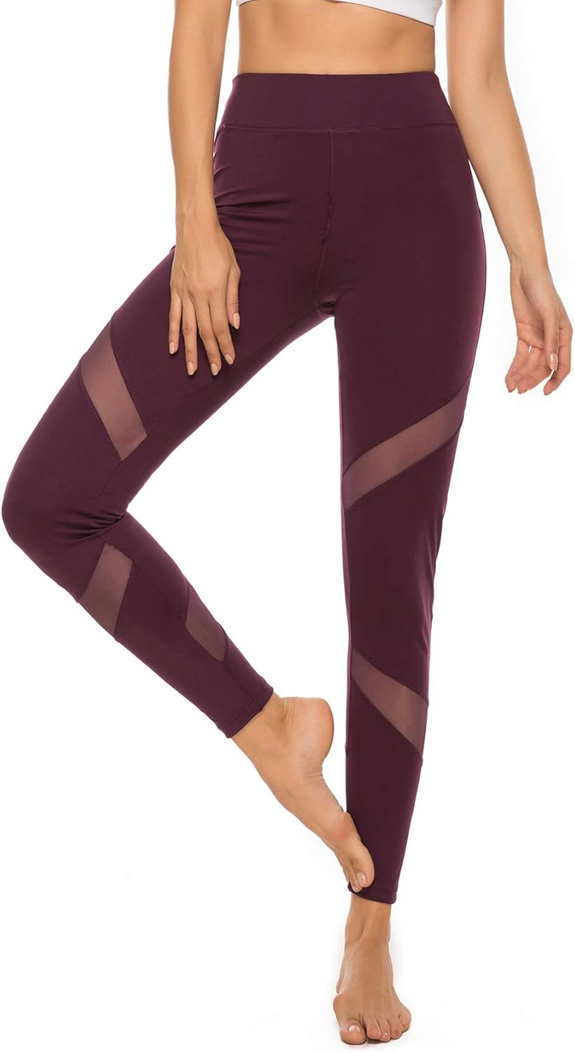 SEASUM Women's Mesh Insert Workout Leggings Stretchy Skinny Sheer Yoga