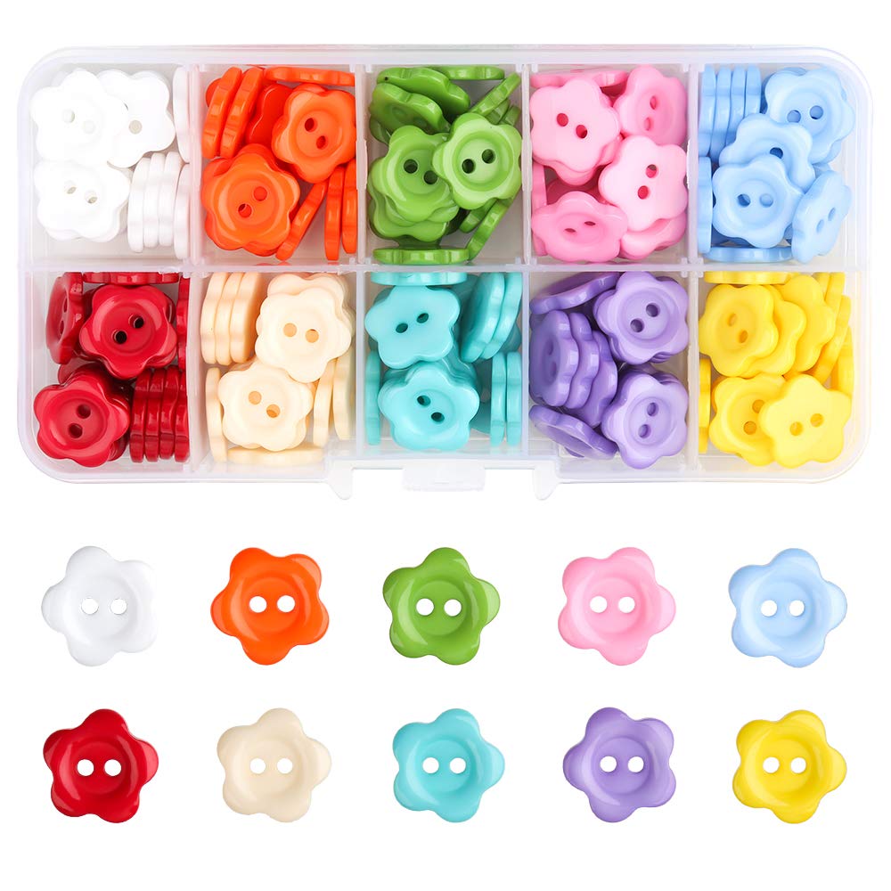 200 Pcs Flower Buttons, 15mm Resin 2 Hole Colorful for Baby Kids Cardigans, Knitting, Sewing, Dolls with Plastic Storage Box
