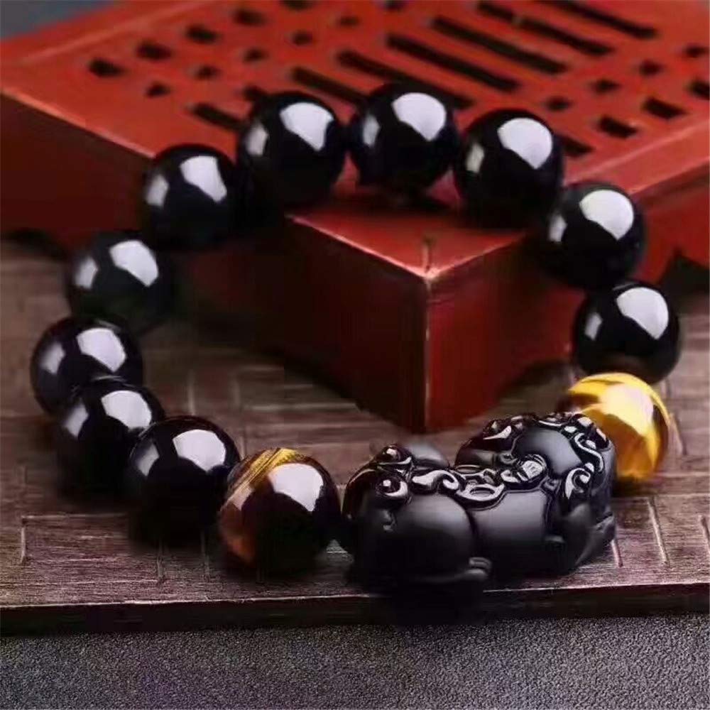Feng Shui The Best 10mm Black Hand Carved Mantra Bead Bracelet with Obsidian Pi Xiu/Pi Yao Lucky Wealthy Amulet Brecelet with Tiger's Eye/Black Stone
