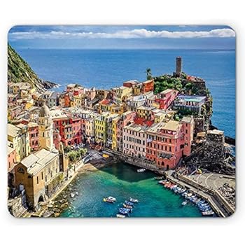 Italy Mouse Pad, Harbor View in The Vernazza Village in Cinque Terre Colorful Apartments and Boats, Standard Size Rectangle Non-Slip Rubber Mousepad, Multicolor