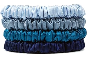 LumeSilk 100% Mulberry Silk Scrunchies for Women and Girls, Skinny Scrunchies, Elastic Band for All Hair Types, 4 Pcs, Blue C