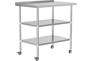 HOCCOT Stainless Steel Prep & Work Table w/2 Adjustable Shelves, Backsplash and Wheels, Kitchen Island, Commercial Workstations, Utility Table in Kitchen Garage Laundry Room Outdoor BBQ, 24" X 36"