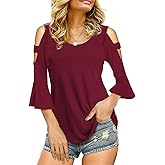 Florboom Womens Cold Shoulder Top Summer Basic T Shirts 3/4 Sleeve Casual Blouse Tshirts