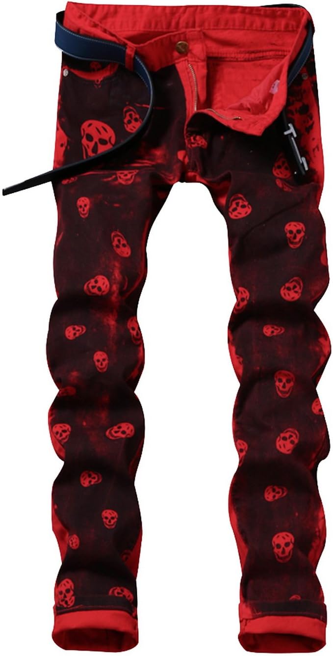LAMCORD Men's Red Skull Printed Slim Fit Moto Biker Skinny Jeans Denim Pants