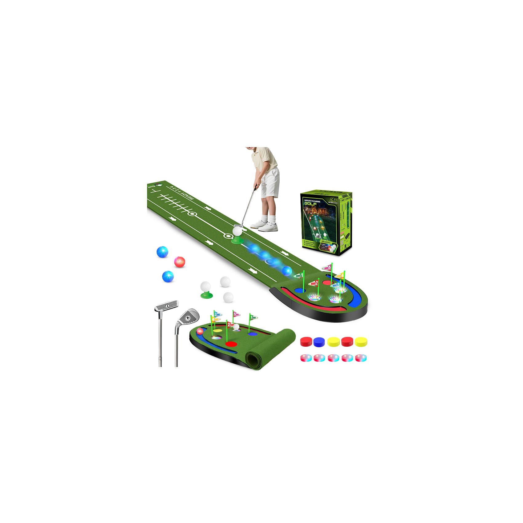 Photo 1 of VATOS Golf Putting Mat Indoor for Kids - Golf Game Set with LED Balls, Glow Holes, Irons & Putters, Portable Putting Green Outdoor for Home Backyard Party, Golfs Toy Gifts for Kids 6-14