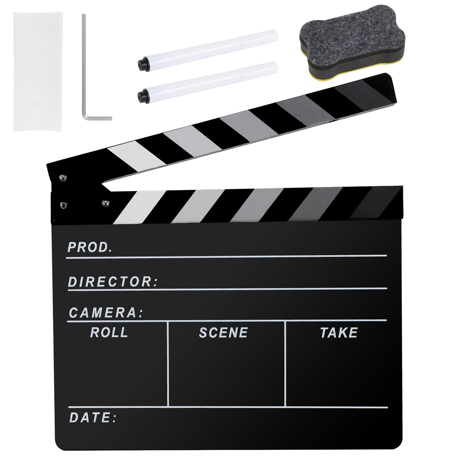Ribvane Film Directors Clapboard, Move Slate Photography Video TV Cut Action Scene Acrylic Clapper Board Props with a Magnetic Blackboard Eraser, Two Custom Pens, Cleaning Cloth and Hex Wrench (Black)