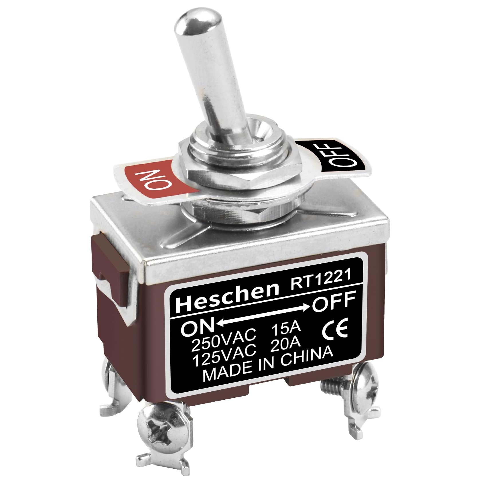 Heschen Metal Toggle Switch, RT1221, DPST, Maintained, ON/OFF 2 position, 15A 250VAC, CE