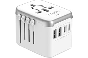 VYLEE Universal International Power Travel Plug Adapter, 5 in 1 European Travel Plug Adapter W/ 3.5A 2xUSB-A and 2xUSB C Wall Charger and Worldwide AC Outlet for Europe USA UK AUS Asia (White Grey)