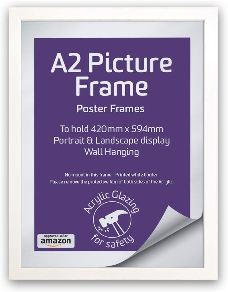 A2 White Picture Frame - Acrylic Safety Glazing - Wall Hanging Poster Frames - 420 x 594mm