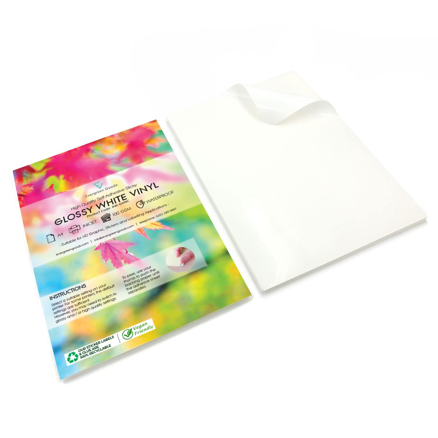 Evergreen Goods 10 Sheets A4 Glossy White Sticker Vinyl Labels | Waterproof Inkjet Printable | Premium Quality Sticky Back Self Adhesive PVC | Suitable for Cricut, Silhouette and Other Cutters