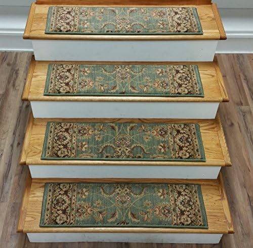 150070 - Rug Depot Traditional Oriental Carpet Stair Treads - Set of 13 Treads 30" x 9" - Aqua Blue Background -Polypropylene - Loloi Stanley ST-11 Blue/Brown -Very at 1.5 Million Points