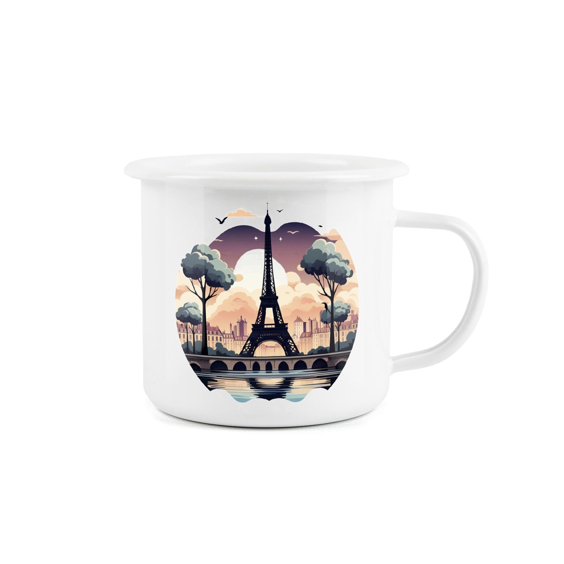Paris at Dawn Enamel Mug - Camping Gift Durable Hot Drinks White Outdoor Gift Cup - Travel Picnics Home Hiking