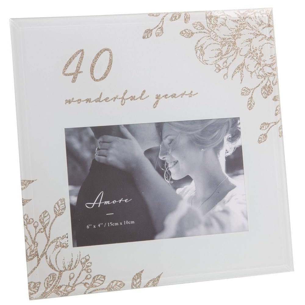 Amore Anniversary Grey Glass 6'x4' Photo Frame with Glitter/Wording - 40 Years Together