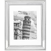 Isaac Jacobs 11x14 Silver Beveled Mirror Picture Frame w/Mat for 8x10- Classic Mirrored Frame w/Slight Slanted Angle for Wall