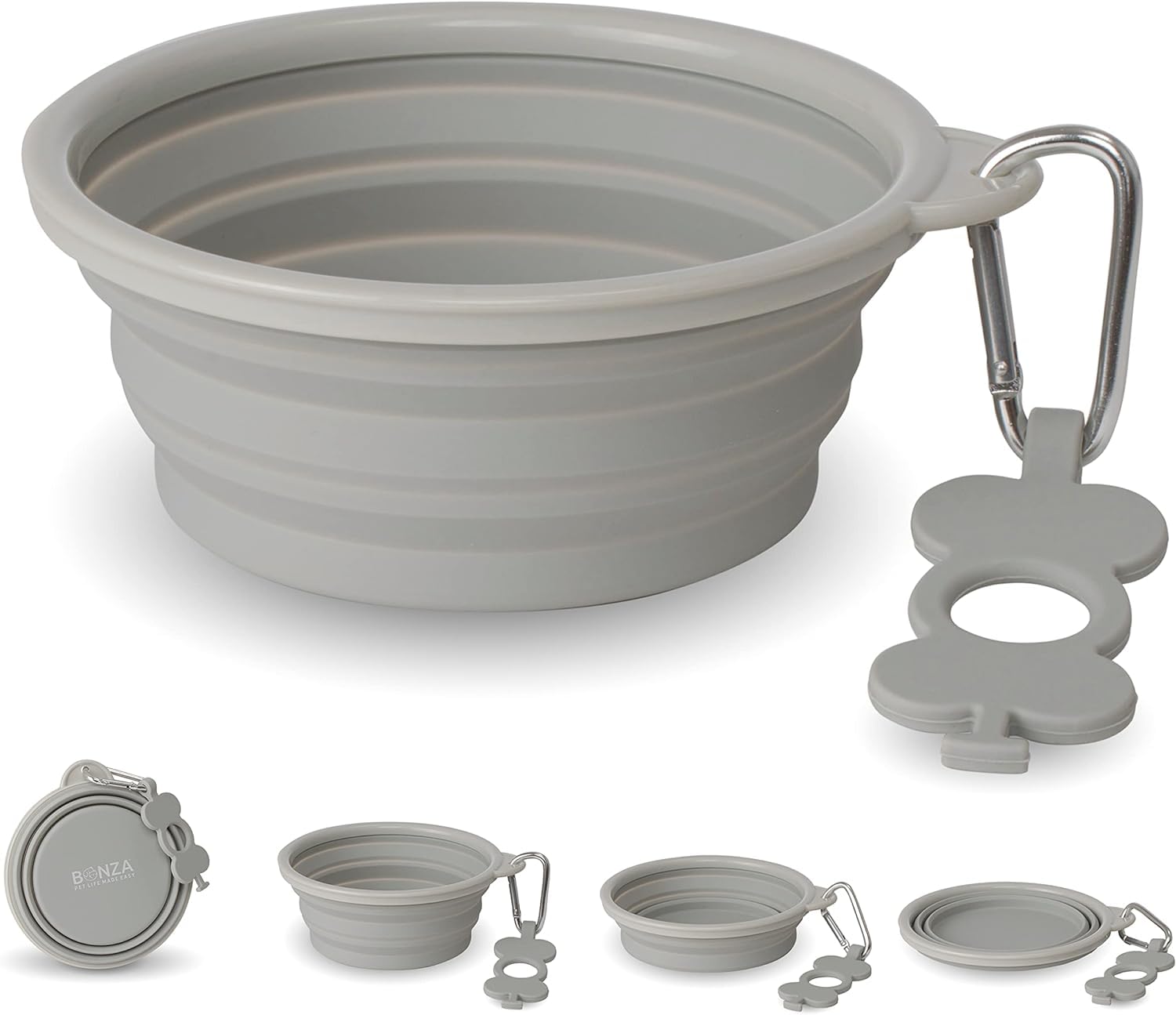 Bonza Collapsible Dog Bowls - Small 12 oz, Dog Travel Accessories, Silicone Portable Dogs Bowl & Water Dish with Reinforced Rim & Carabiner for Hiking, Camping, and Car Trips, Light Gray