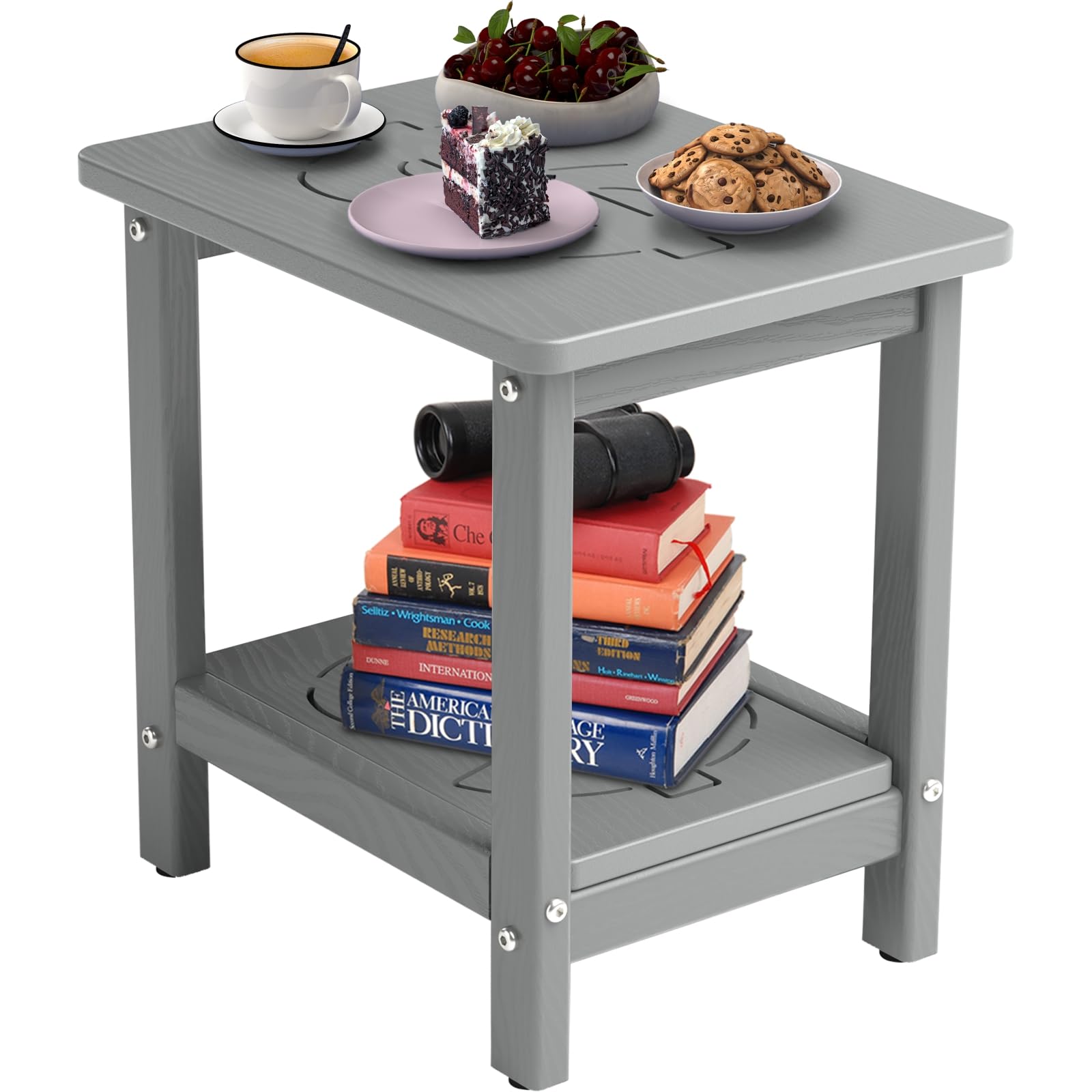 Photo 1 of BIVODA 16.6'' HDPE Outdoor Side Table, Weatherproof Small Outdoor Table for Adirondack, Patio, Porch, Balcony, Poolside (2-Tier, Brown)